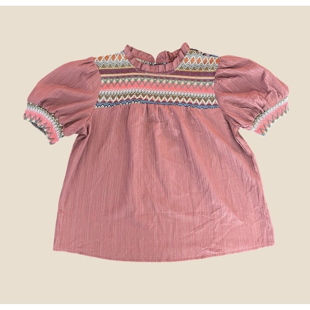 SHEIN Dusty Rose Embroidered Puff Sleeve Boho Blouse Mauve Large 1392